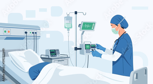 Nurse caring for patient in hospital room with medical equipment