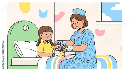 Nurse applying bandage to sick child in hospital bed, caring for patient