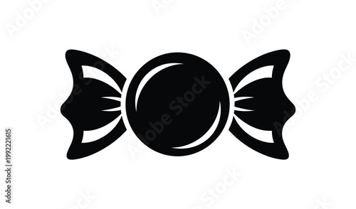 Black and white illustration of a wrapped candy with wings, isolated on white background, vintage style, sweet treat, confectionery, holiday, celebration, festive, classic