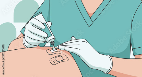 Nurse Applying Ointment and Bandage to Patient's Skin After Procedure