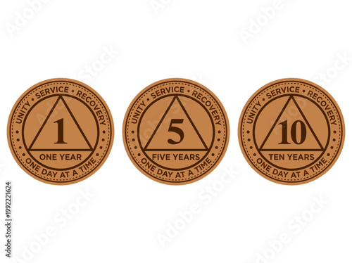 Three recovery medallions, each representing a milestone in a journey of sobriety, showcasing the power of unity and service. The brown medallions have a central triangle.