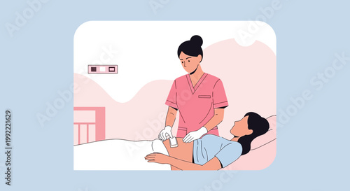 Nurse Applying Ultrasound Gel for Abdominal Scan on Patient Lying in Hospital Bed