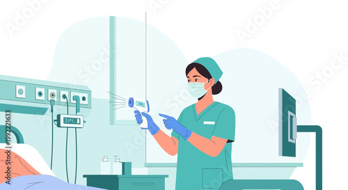 Nurse checks patient temperature with infrared thermometer in hospital room, healthcare concept
