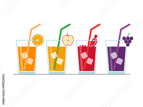 A vibrant array of fresh fruit juice in glasses with ice and straw