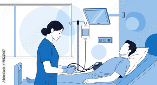 Nurse checks patient's blood pressure in hospital room, medical care and health checkup