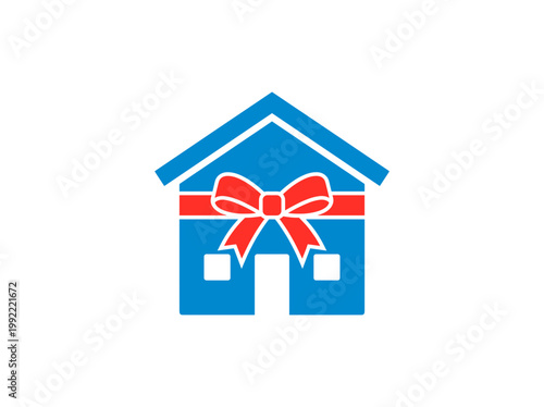 A charming blue house adorned with a festive red ribbon, symbolizing a thoughtful gift. The simple design evokes a sense of joy and celebration