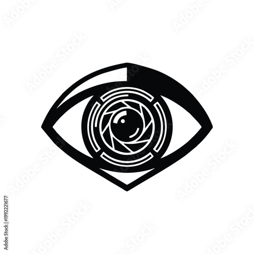 A graphic illustration of a camera eye captures a close-up view.