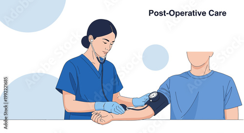 Nurse checks patient's blood pressure after surgery, post-operative care concept