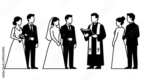 Wedding ceremony: couples at the altar, two couples are with clergyman in a black robe holding book