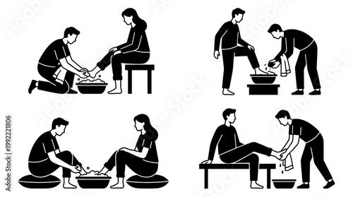 Foot care illustrations featuring two people, a helper and a person, with the helper providing foot care services