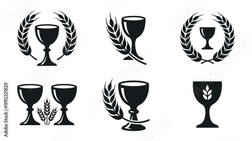 Elegant chalice icons with wheat wreaths, symbolizing purity and blessings. This set of six minimalist, high-contrast designs evoke a sense of spirituality and sophistication