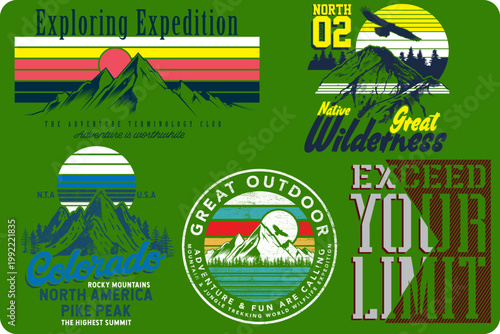 Vintage outdoor adventure badges set, retro mountain expedition emblems, wilderness hiking and camping vector graphics for t-shirt design