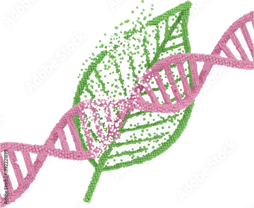 Conceptual particle art of genetic modification or environmental impact on botany, with a dissolving leaf and fragmenting DNA helix, symbolizing transformation