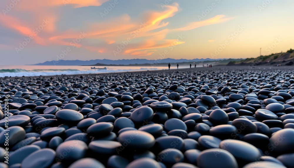 Obraz premium The image depicts a serene beach scene during sunset, with the sky painted in soft pastel hues of pink, orange, and blue
