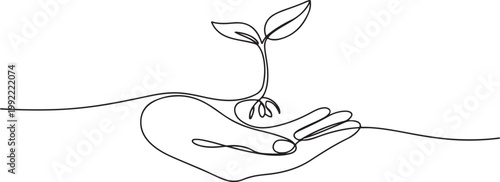 Elegant one continuous line art illustration of a human hand gently cradling a young plant sprout.one line drawing vector illustration