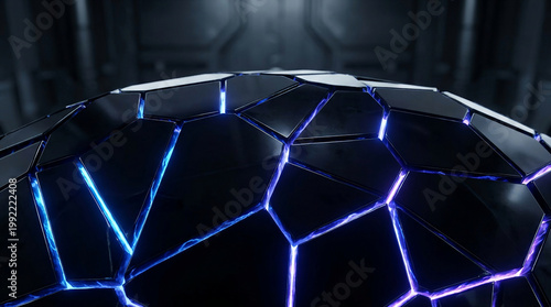 Abstract 3D Sci-Fi Fractured Black Sphere with Glowing Light