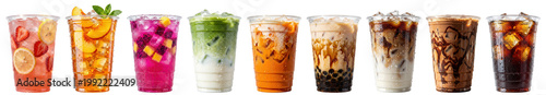 iced beverages including fruit refreshers matcha latte boba milk tea and iced coffee in takeaway cups on transparent background