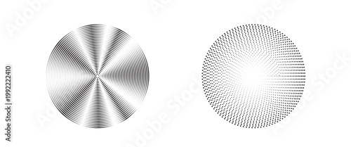 Black concentric circle set. Sonar or sound wave ring collection. Dotted and linear epicentre, target, radar icon concept. Ripple radial signal or vibration elements. Vector line and halftone symbols
