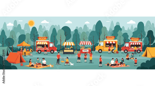 Outdoor food festival with food trucks and picnic area