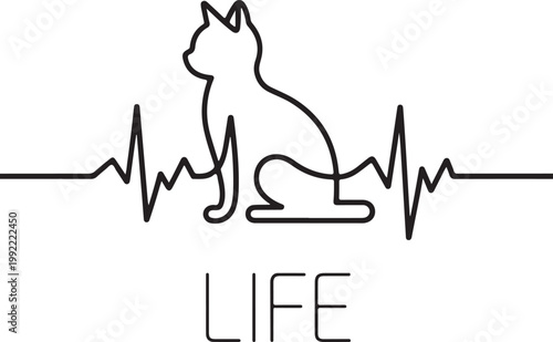 Black cat silhouette on electrocardiogram line with word life