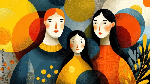 Stylized Family Portrait Vibrant Circles Background Warm Colors Pixelated Art Style