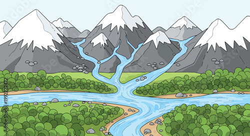 Cartoon Mountains and Rivers Landscape with Snow Caps and Green Forest