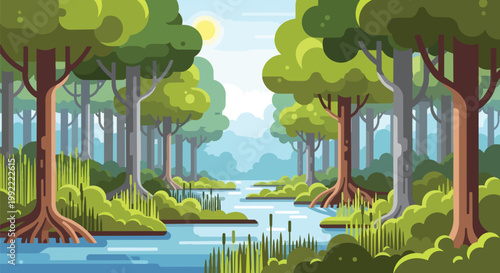 Vibrant Forest Landscape with River and Lush Greenery