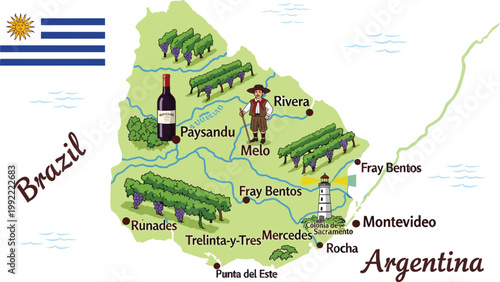 Uruguay Wine Region Map Vector Illustration Featuring Vineyards Cities Rivers and Landmarks with Neighboring Brazil and Argentina for Travel Geography and Tourism Design