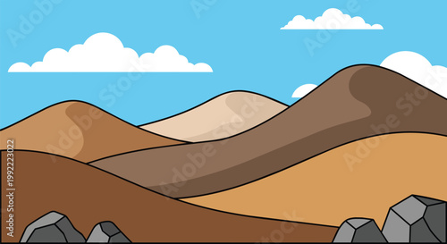 Stylized Desert Landscape with Rolling Dunes and Rocky Outcrops