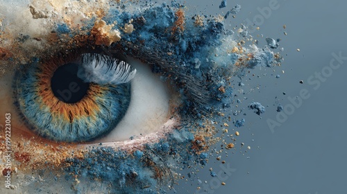 Abstract Close Up Of Human Eye Exploding Into Colorful Particles And Dust Against A Muted Background In A Digital Art Concept