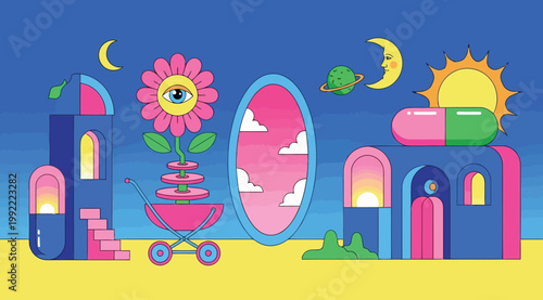 Surreal psychedelic landscape with a flower eye in a baby carriage, pillshaped buildings, and celestial bodies