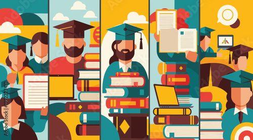 Set of flat vector illustrations of students and education, graduation concept with books and laptops