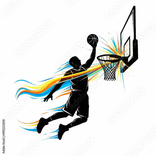 Basketball player jumping to dunk the ball during a game.