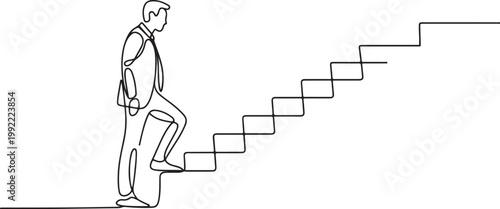 Man climbs the stairs in one continuous line drawing. Concept symbol of career success and achieving goals in simple linear style.one line drawing vector illustration