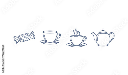 Whimsical line drawing of a candy, teacup, and teapot, evoking a cozy and nostalgic mood, perfect for cafes and relaxation themes.