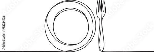 One continuous linear plate, high and fork.one line drawing vector illustration