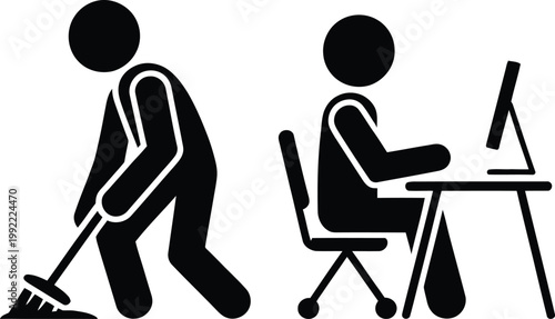 Contrast between manual labor and office work depicted through simple icons