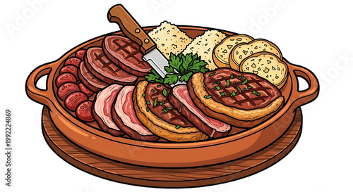 Barbecue board with prepared meats and sausages, with cuts of grilled beef (such as picanha), roasted sausages, slices of toasted bread and farofa. White background.