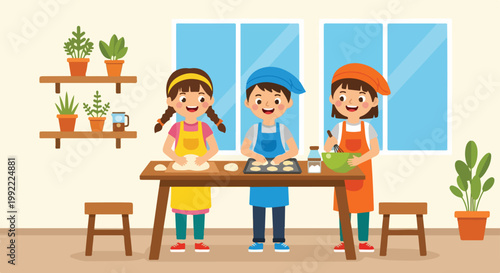 Three cheerful children in colorful aprons enjoy baking bread and cookies together at a wooden table in a sunny, plant-filled kitchen.