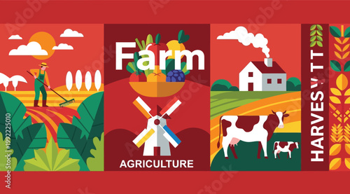 Farm and agriculture concept illustration with farmer, windmill, harvest and livestock