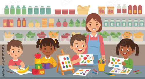 Diverse children enjoy painting and drawing fruits under the guidance of a smiling teacher in a classroom filled with groceries.