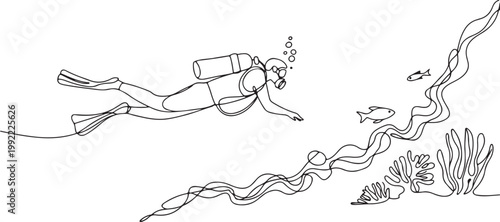 scuba diver exploring underwater world in minimalist one line ocean diving illustration.one line drawing vector illustration