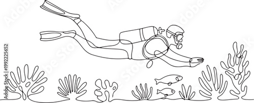 scuba diver exploring underwater world in minimalist one line ocean diving illustration.one line drawing vector illustration