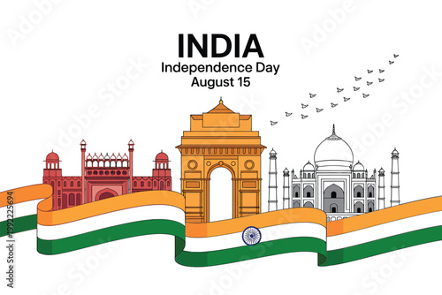 India independence day illustration featuring iconic landmarks and the national flag