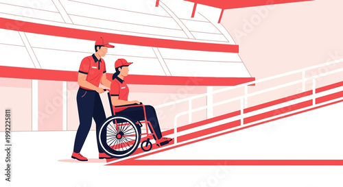 Volunteer helps person in wheelchair up ramp at stadium, accessibility concept