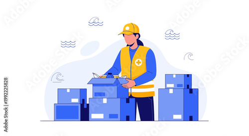 Volunteer packing donation boxes for disaster relief, humanitarian aid concept