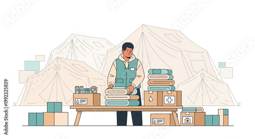 Volunteer organizing aid supplies in front of tents, humanitarian assistance concept