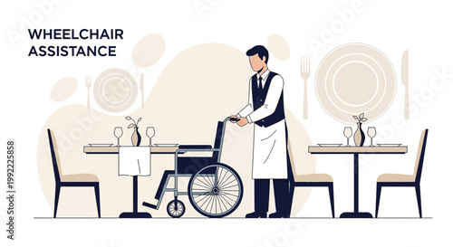 Waiter Pushing Wheelchair with Person in Restaurant, Offering Assistance