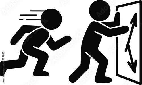 A person running towards another opening a door with an upward arrow sign