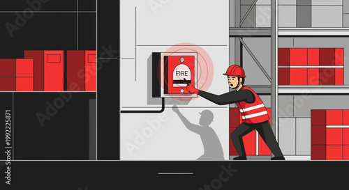 Warehouse worker activating fire alarm during emergency in industrial storage facility